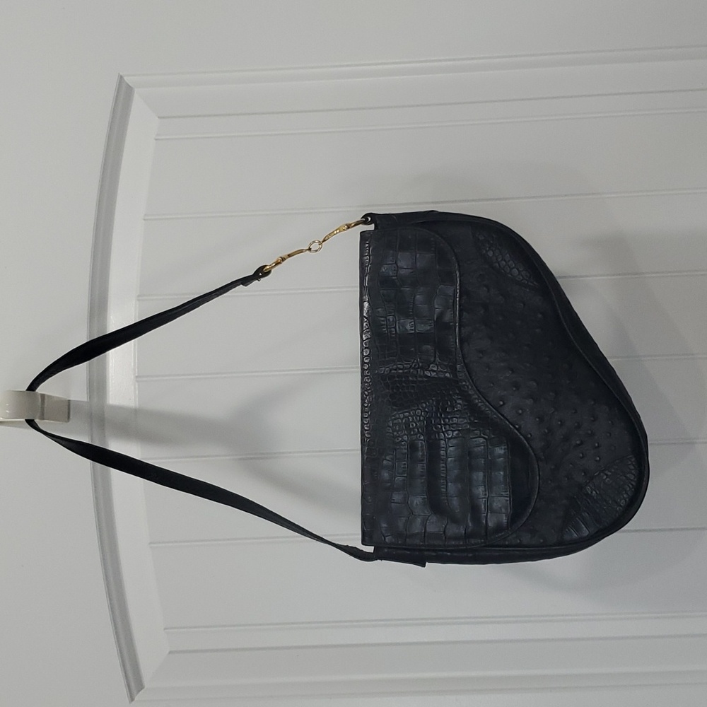 Carla Mancini Leather Saddle Bag, Black Croc, Ostrich